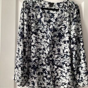 Ann Taylor  Elegant Navy and White Patterned Blouse